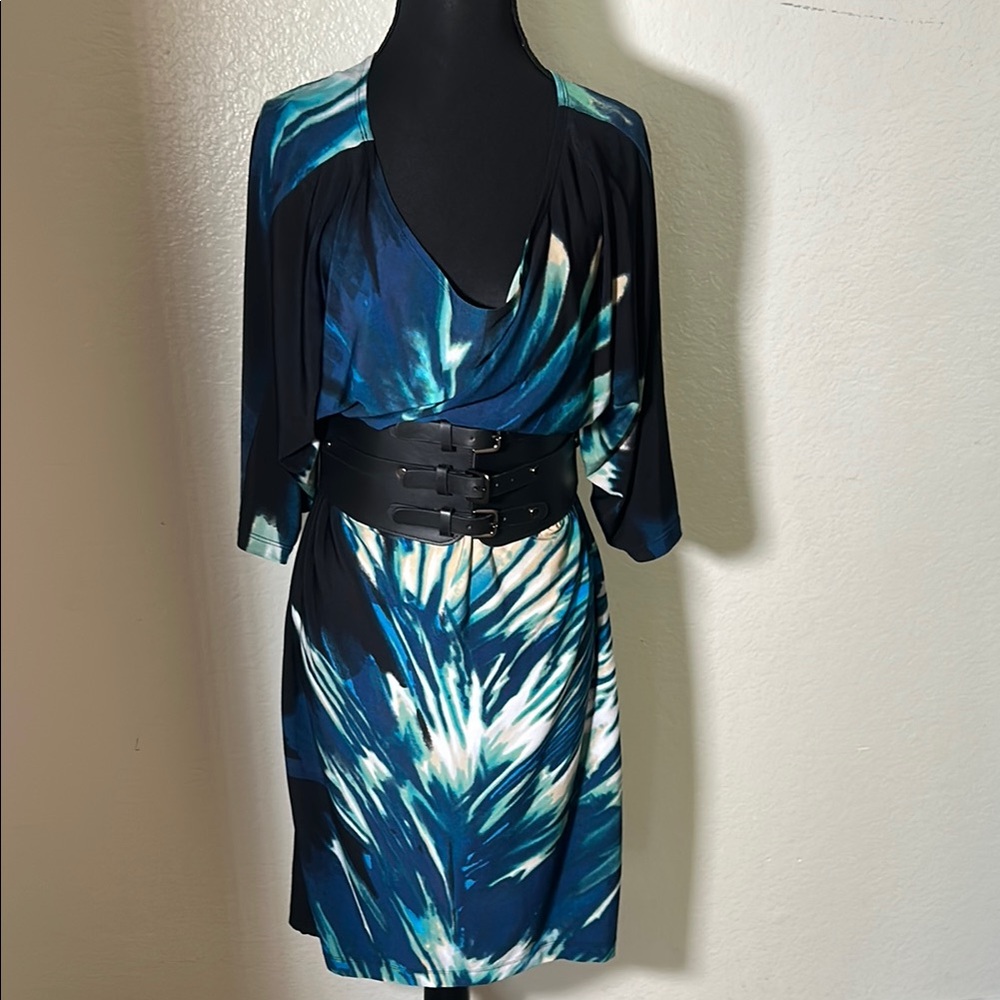 Blue Asymmetrical Dress with Dolman Sleeves